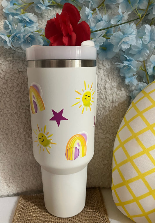 Tumbler 40oz / Blanc / Soleil, arcs-en-ciel et étoiles