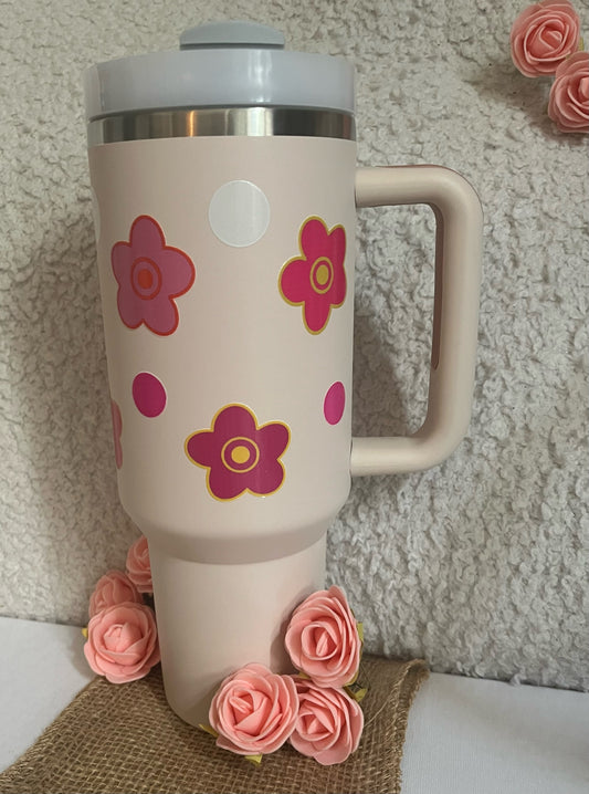Tumbler 40oz / Rose clair / Fleurs roses